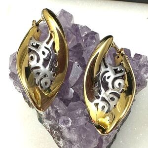 14k Golden Clef Arezzo Yellow & White Gold Polished Cutout Vintage Post Earrings